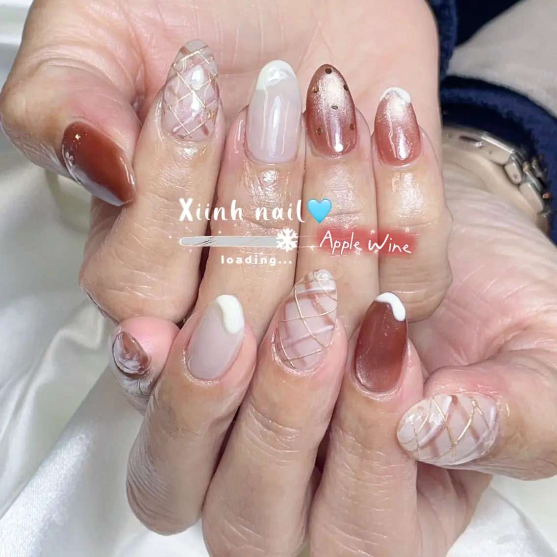 ネイル ブラウン チークネイル 桜ネイル 長さ出し フットネイル ハンドネイル XIINH NAIL SALONのネイルデザイン