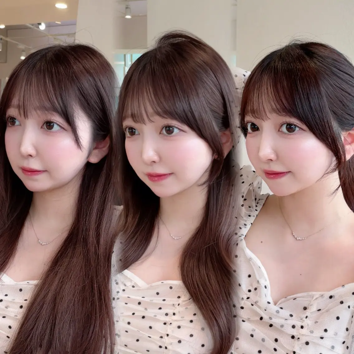 セミロング カット ヘアカラー 表参道小顔カット前髪 割れ改善クロスパーマのヘアスタイル