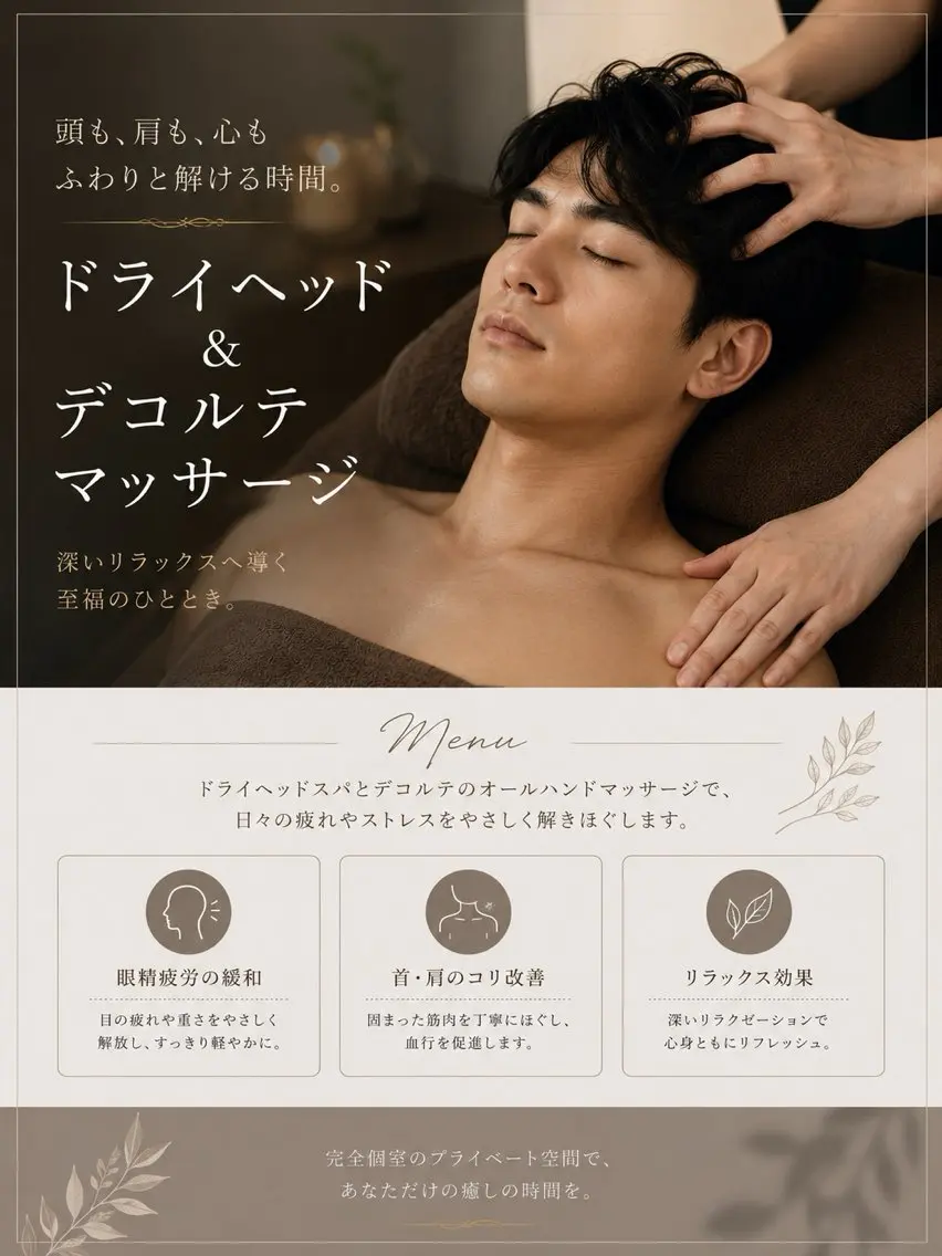 【メンズ限定】【60分】仕事疲れをリセット✨寝落ち続出💤極上ドライヘッドスパ&デコルテ💆🏻口コミ投稿必須📝の写真