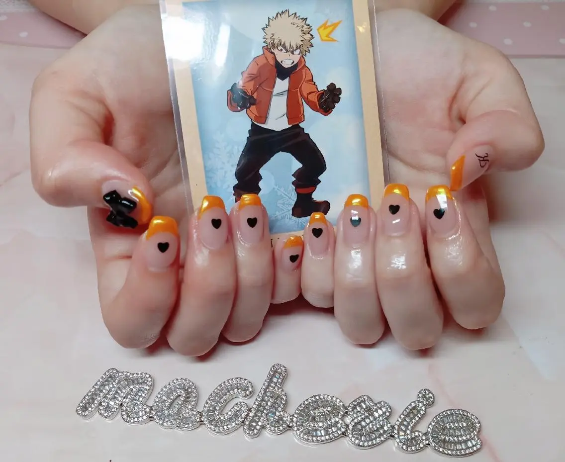ネイル オーロラネイル フレンチネイル オレンジ ハンドネイル Nail Salon macherieのネイルデザイン