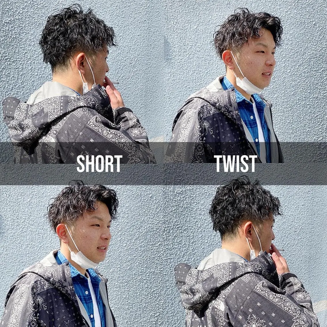 ショート パーマ ヘアアレンジ メンズ センターパート フェードカット メンズパーマ 刈り上げ ニュアンスパーマ カット パーマ 韓国🇰🇷レイヤー カットオリーブカラーのヘアスタイル
