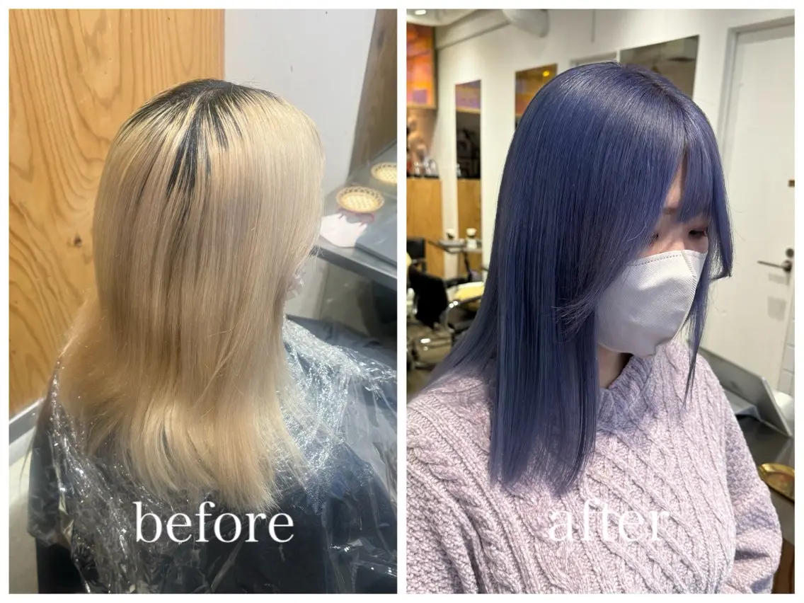 ミディアム カラー ブリーチ ブルーカラー ブルーラベンダー ラベンダーカラー 新宿 似合わせカラー HINAのヘアスタイル