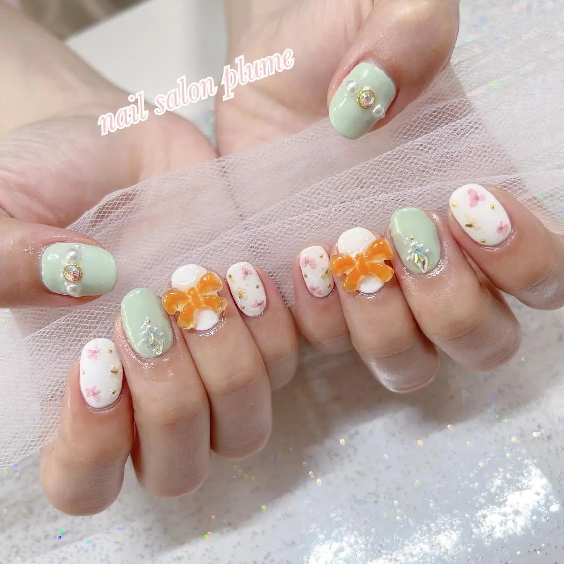 ネイル アートネイル フラワーネイル ガーリー グリーン ハート ハンドネイル plume nail ☆韓国ネイルのネイルデザイン
