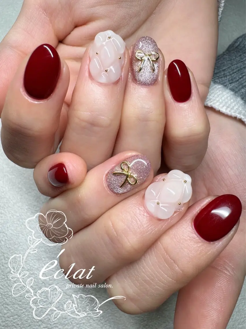 ネイル ボルドー 持ち込み リボン nail salon éclat.のネイルデザイン