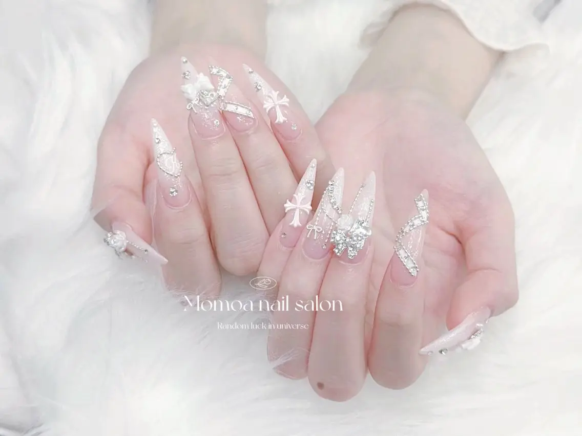 ネイル 成人式 大理石ネイル(マーブル) リボン 夏ネイル ネイルチップ ハンドネイル MoMoA Nail ネイル長さ出し専門店のネイルデザイン