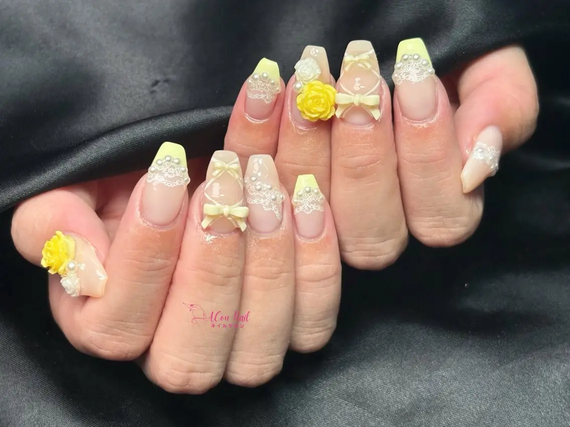 ネイル 桜ネイル 長さ出し フラワーネイル フレンチネイル ジェルネイル ハンドネイル ACon NailSalonのネイルデザイン