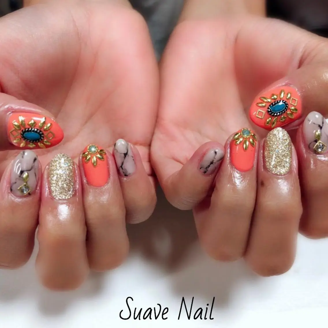 ネイル 大理石ネイル(マーブル) オレンジ Nail Suave (シュアーヴ)のネイルデザイン