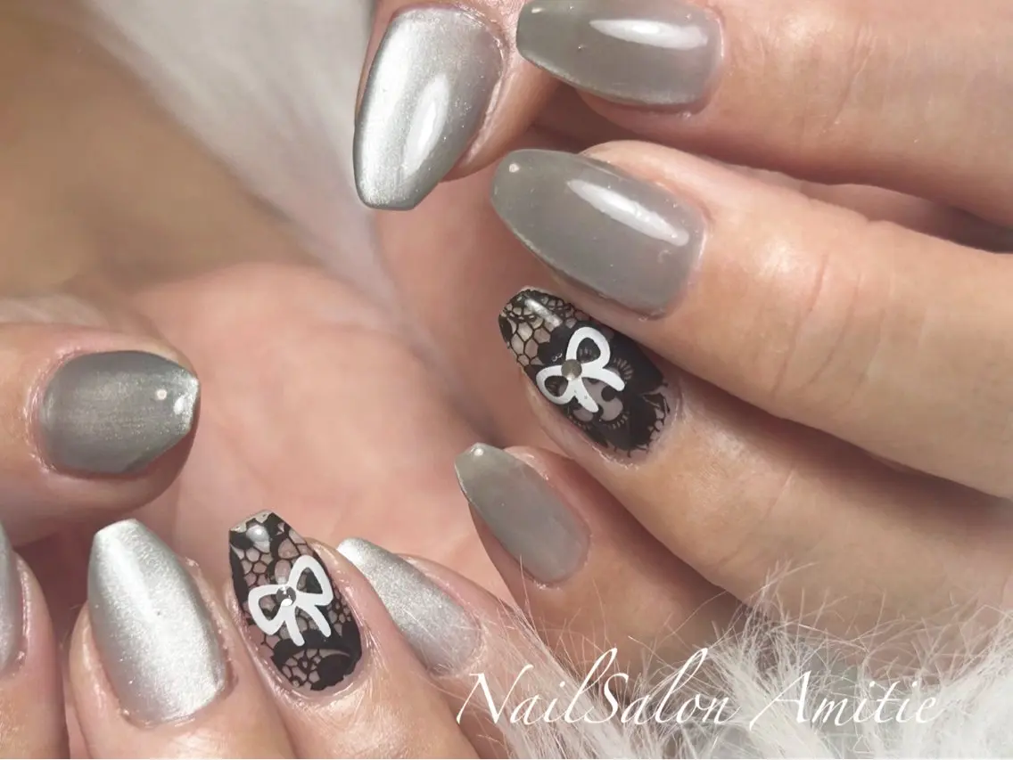 ネイル レース マグネットネイル リボン ハンドネイル NailSalon Amitieのネイルデザイン