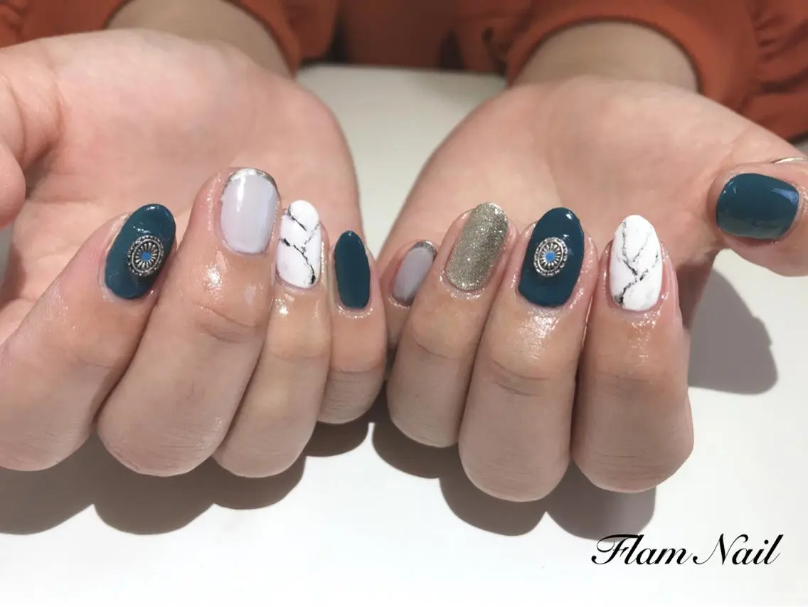 ネイル ブルー 大理石ネイル(マーブル) Flam Nailのネイルデザイン