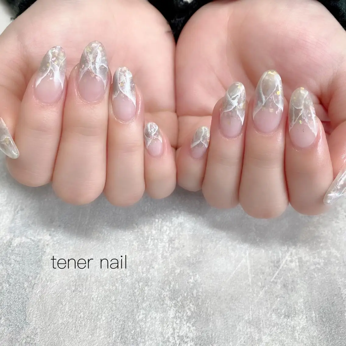 ネイル ラメ(グリッター) 大理石ネイル(マーブル) ホワイト テネルネイル tener nailのネイルデザイン