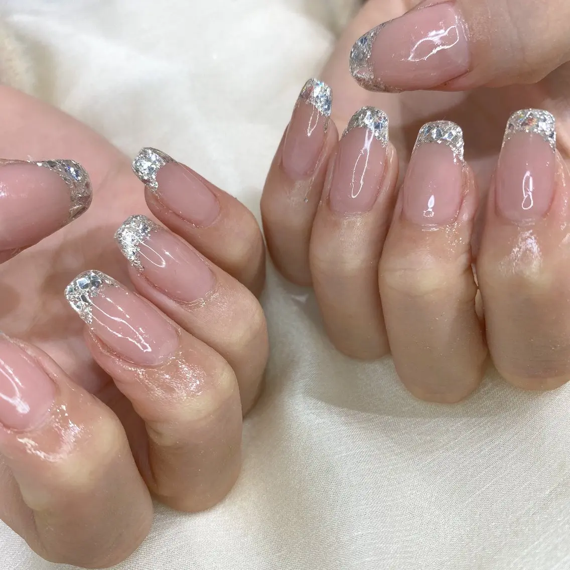 ネイル フレンチネイル ガラスフレンチ ピンク muguet🎀 chikaのネイルデザイン