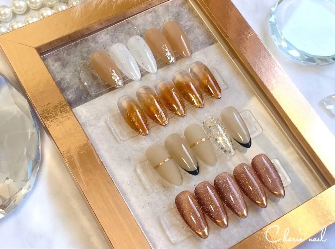 ネイル ブラウン ジェルネイル ミラーネイル ニュアンスネイル オフィスネイル Cherienail yunaのネイルデザイン