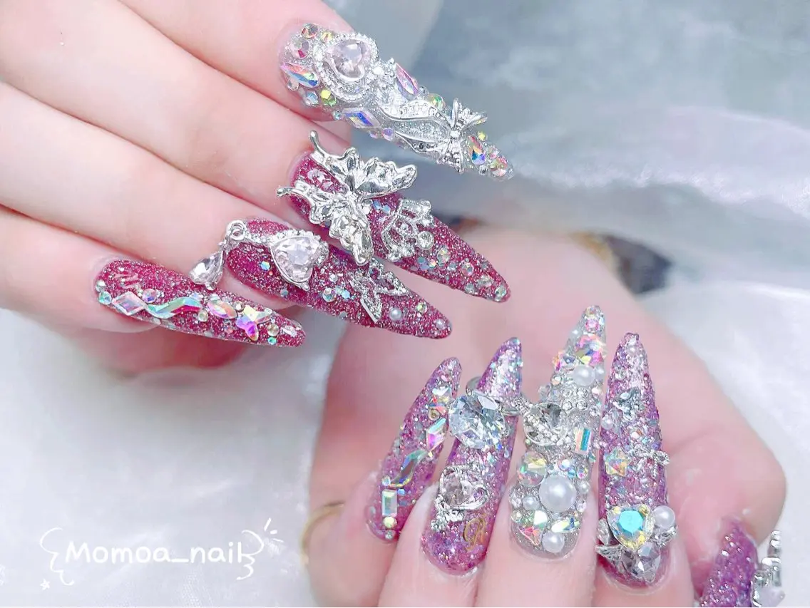 ネイル 成人式 ロングネイル マグネットネイル 大理石ネイル(マーブル) 持ち込み ハンドネイル MoMoA Nail ネイル長さ出し専門店のネイルデザイン