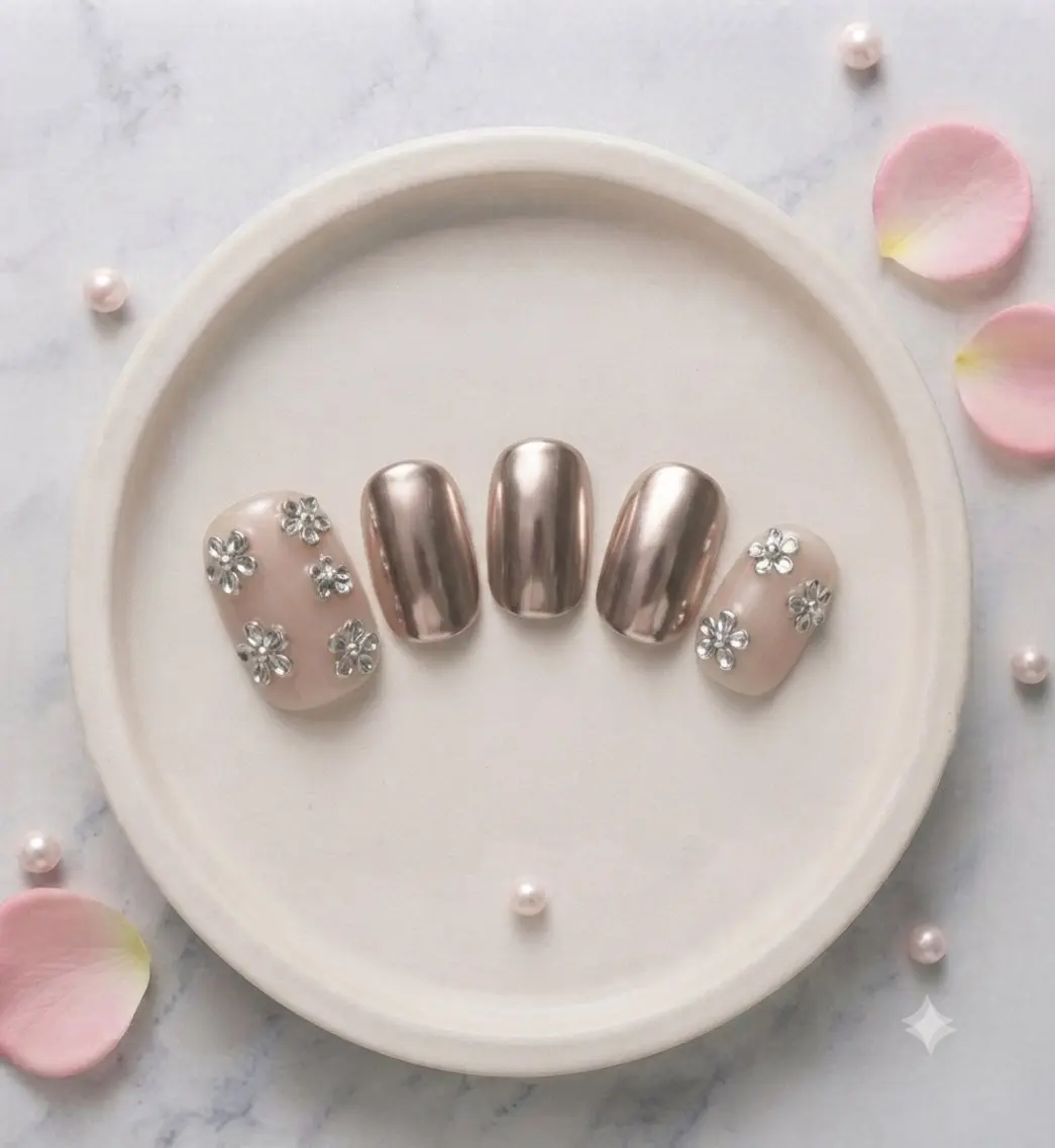 ネイル フラワーネイル ガーリー ミラーネイル シルバー ネイルチップ Michan Nailのネイルデザイン