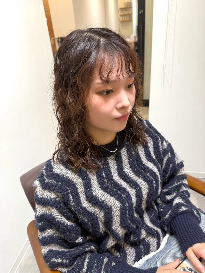 ミディアム ミディアムパーマ ボブ レイヤーカット カット パーマ トリートメント しおり/パーマ/ newi町田のヘアスタイル