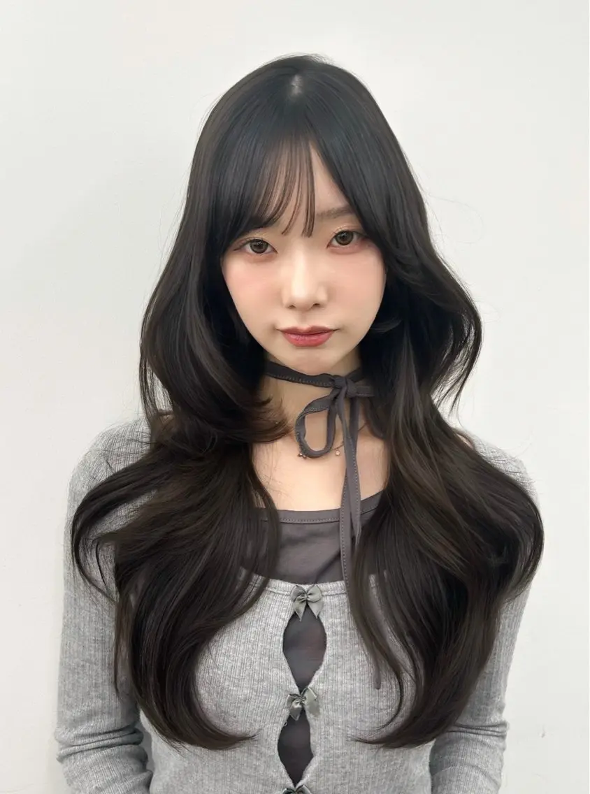 ロング カラー グレージュ 韓国風ヘア レイヤーカット カット ヘアカラー トリートメント 韓国ヘア/顔周り ヘアセット/加藤優里のヘアスタイル