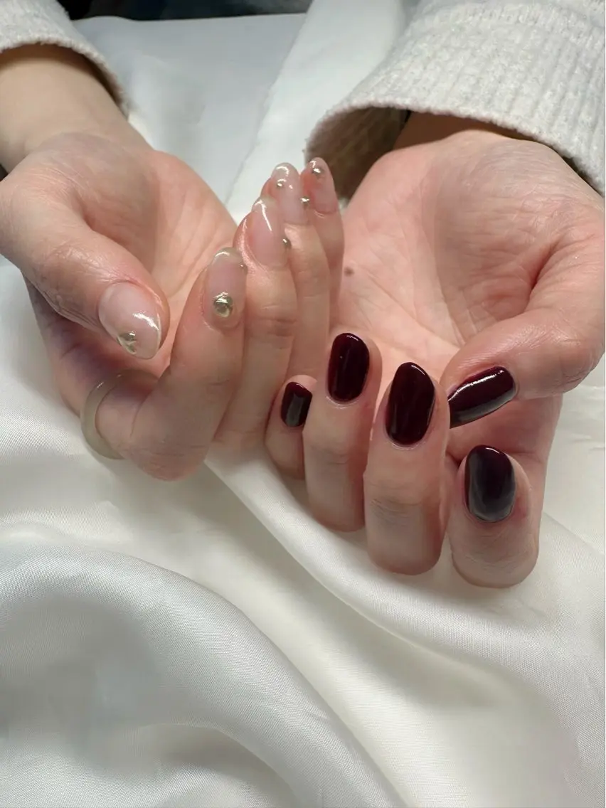 ネイル ボルドー クリアネイル 氷ネイル・うるうるネイル 韓国ネイル ミラーネイル 🪞KAPE NAIL 🪞のネイルデザイン