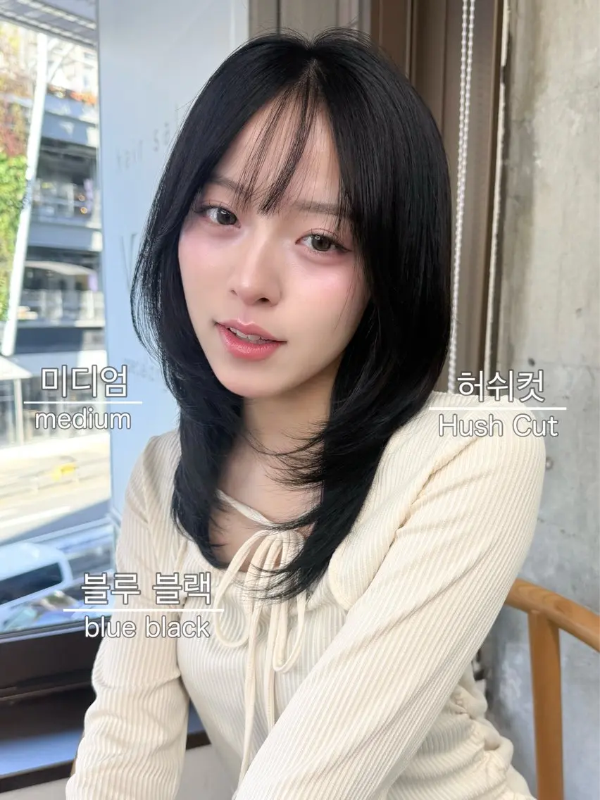 セミロング カラー 黒髪 ブルーカラー ブルーブラック ハッシュカット 韓国風ヘア カット ヘアカラー 🤍レイヤー✖️透明 感/Haruna🤍のヘアスタイル