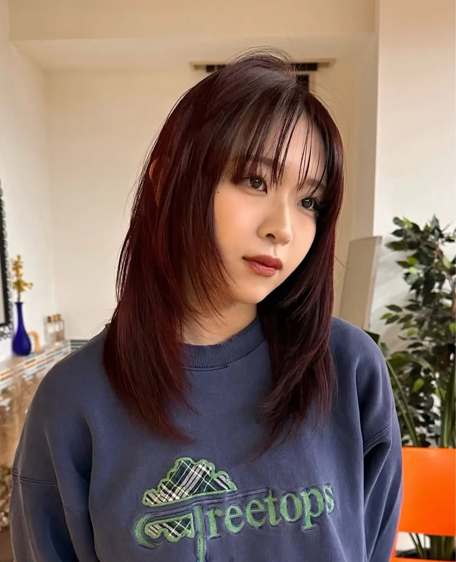 セミロング カラー ブリーチ ボルドーカラー ダブルカラー ブリーチなしカラー ハイレイヤー ヘアカラー 透明感カラー/酸性 ストレート mikaのヘアスタイル