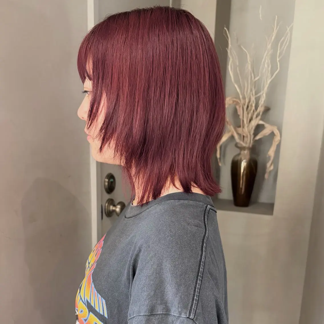 ミディアム カラー ブリーチ レッドカラー カット ヘアカラー なな/ICI/レイヤ ーパーマ/上前津のヘアスタイル