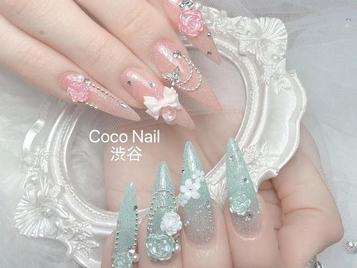ネイル 成人式 大理石ネイル(マーブル) リボン 夏ネイル ネイルチップ ハンドネイル CoCo Nail 長さ出し専門店のネイルデザイン