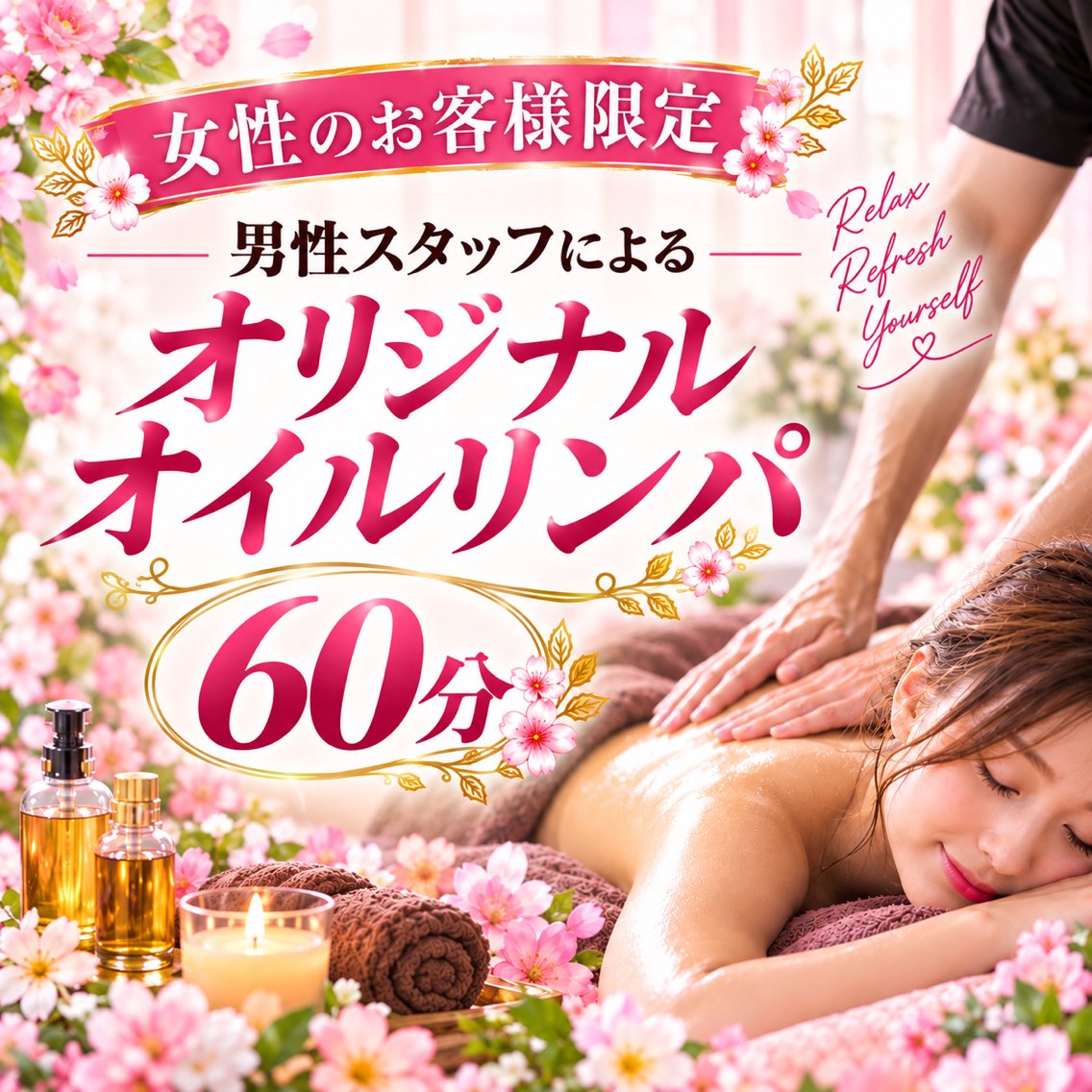 【女性のお客様限定】ななせ(男性)担当 オリジナルオイルリンパ60分の写真