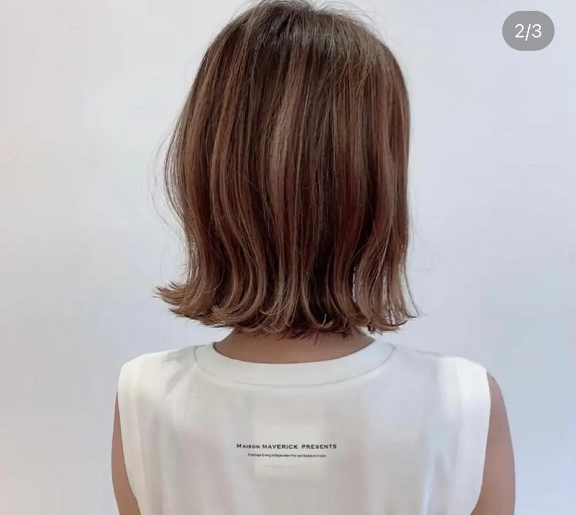 ミディアム 切りっぱなしボブ ボブ ハイライト 佐藤 良祐のヘアスタイル