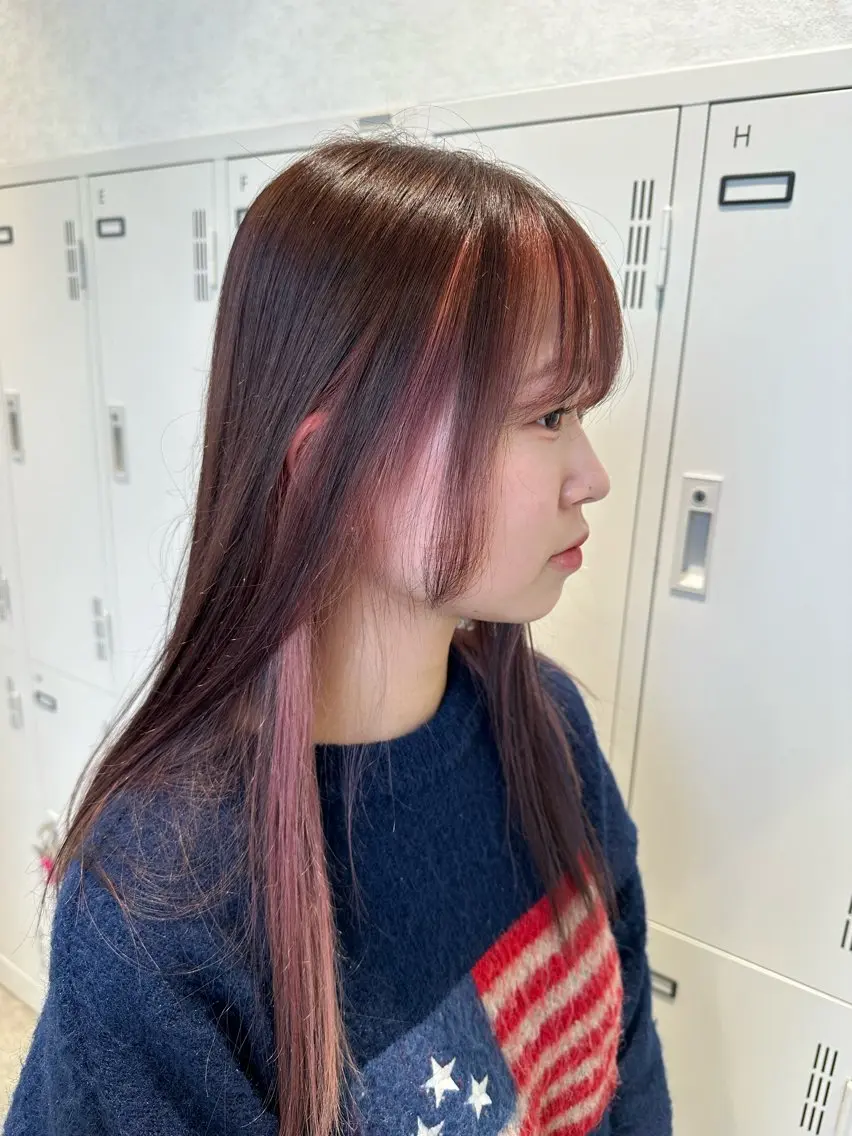 ロング カラー ミストバング ブリーチ ブラウンカラー ケアブリーチ デザインカラー シールエクステ/ ブリーチカラーのヘアスタイル