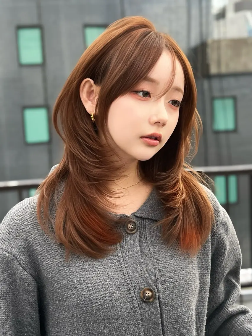 セミロング カラー ハイレイヤー レイヤーカット カット ヘアカラー トリートメント 盛れる顔周り✨韓国式 レイヤーkanatoのヘアスタイル