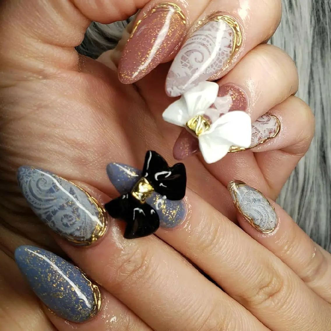 ネイル レース ロングネイル ミラーネイル リボン Nail salon Coco【溝の口駅】のネイルデザイン
