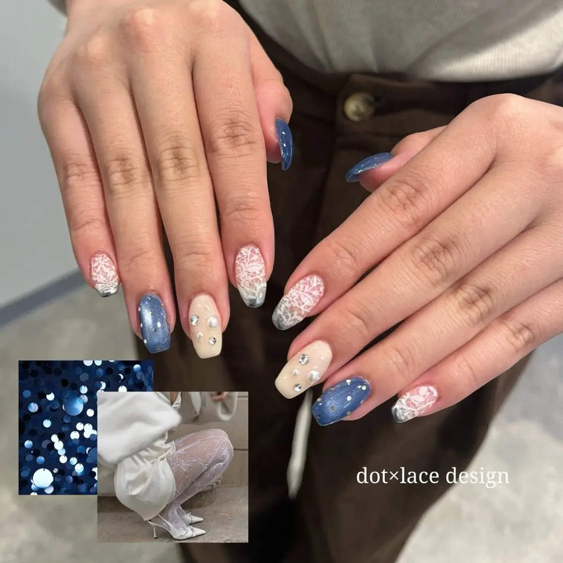ネイル ブルー レース ハンドネイル Zen Neo / SEINA🎀のネイルデザイン