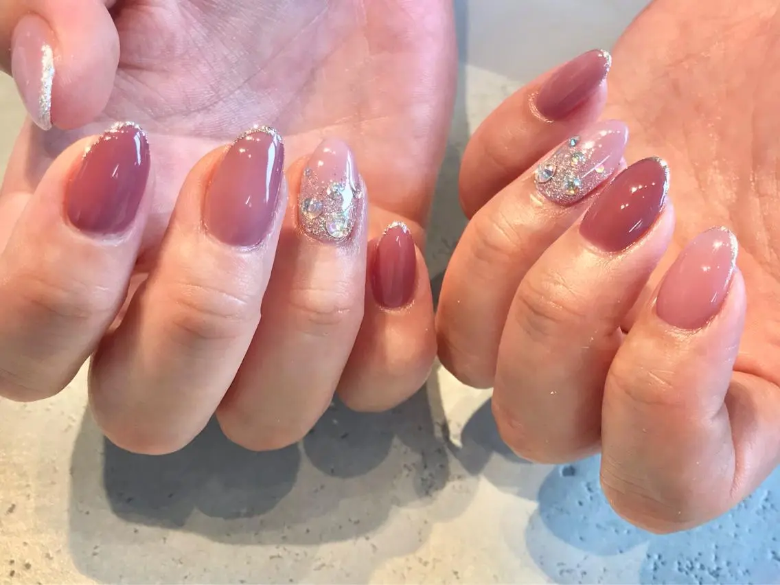 ネイル フレンチネイル ラメ(グリッター) ワンカラーネイル ピンク ハンドネイル Baden Nail ﾊﾞ-ﾃﾞﾝ ﾈｲﾙのネイルデザイン