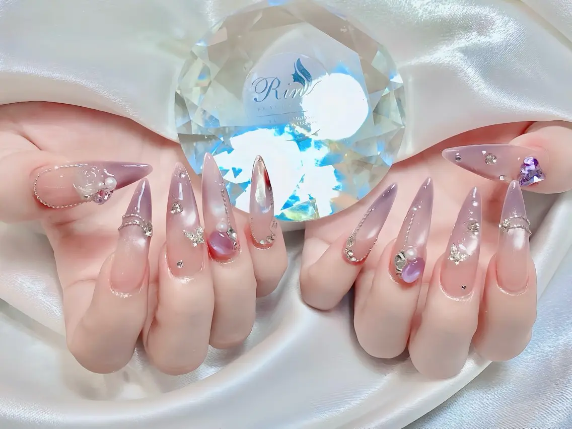 ネイル ブルー ジェルネイル ガーリー グラデーション グリーン ハンドネイル Rin Nail 新大久保店のネイルデザイン