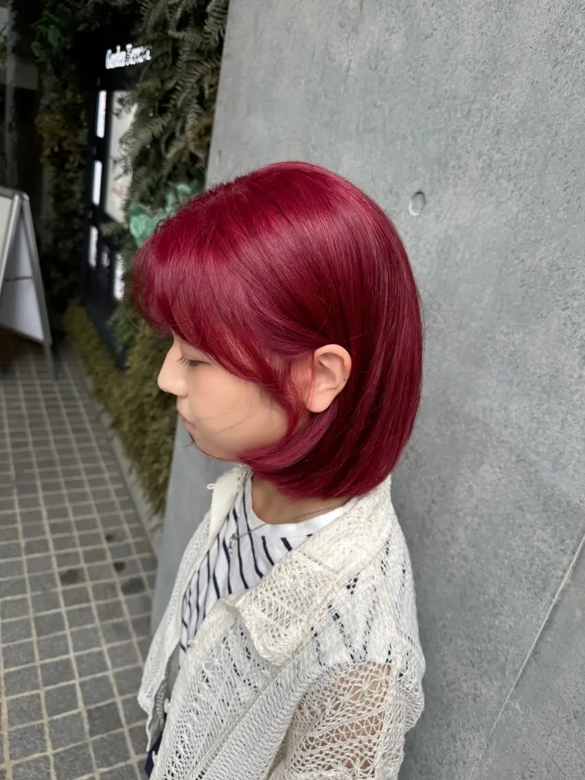 ミディアム カラー レッドカラー ボブ カット ヘアカラー ✨レイヤー×ブリーチ ✨アニメ好き/僚汰のヘアスタイル