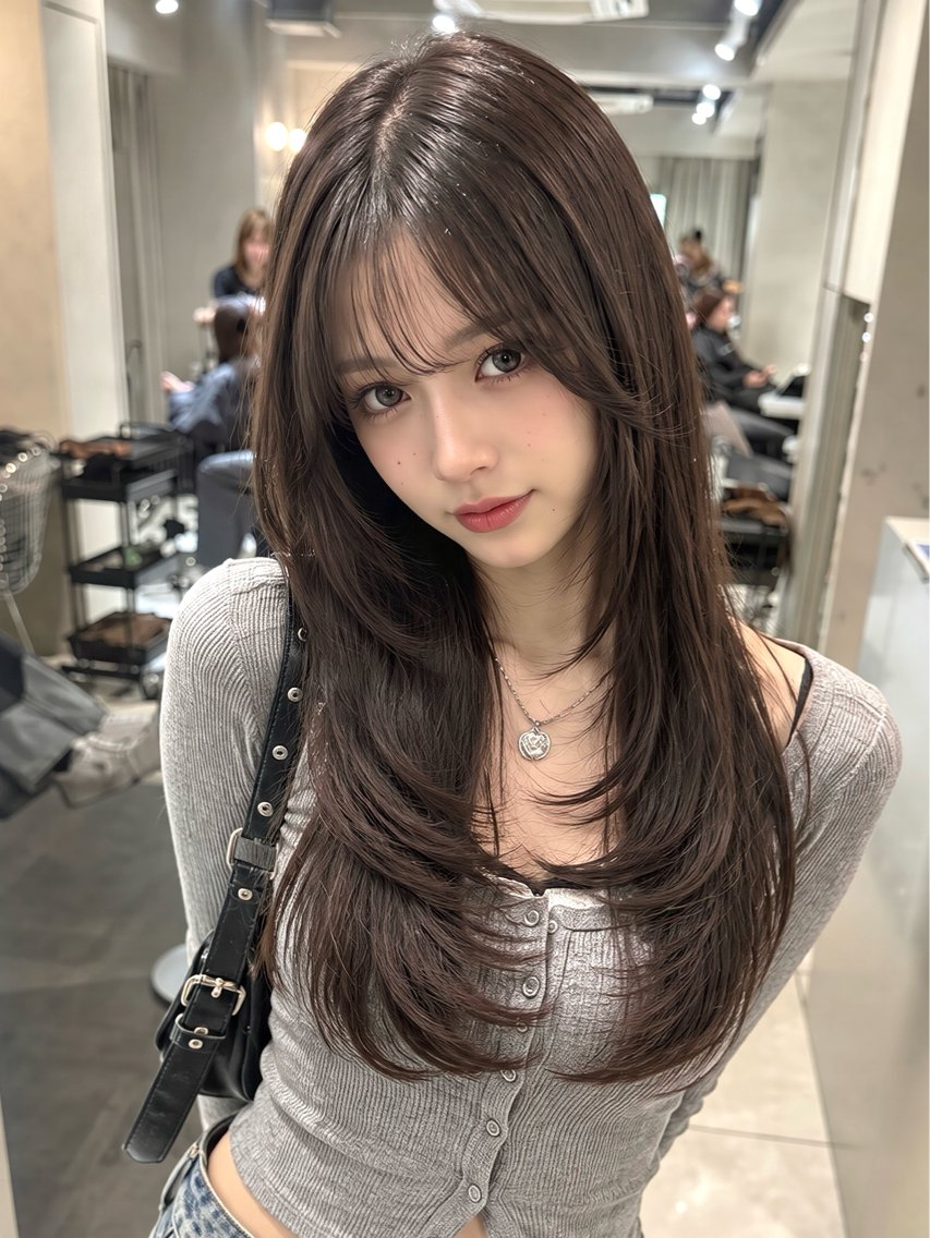 ロング カラー カット 縮毛矯正 韓国ハイレイヤー ハッシュカット特化のヘアスタイル
