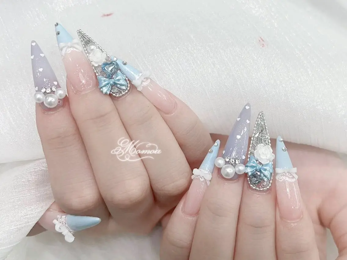 ネイル 成人式 大理石ネイル(マーブル) リボン 夏ネイル ネイルチップ ハンドネイル MoMoA Nail ネイル長さ出し専門店のネイルデザイン
