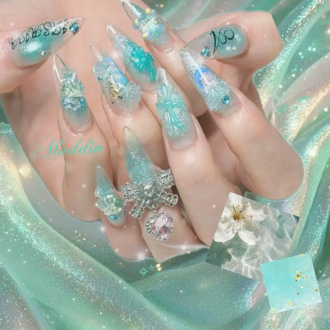 ネイル チークネイル グリーン マグネットネイル リボン ハンドネイル 💕WOLTOKYO 池袋💕maiのネイルデザイン