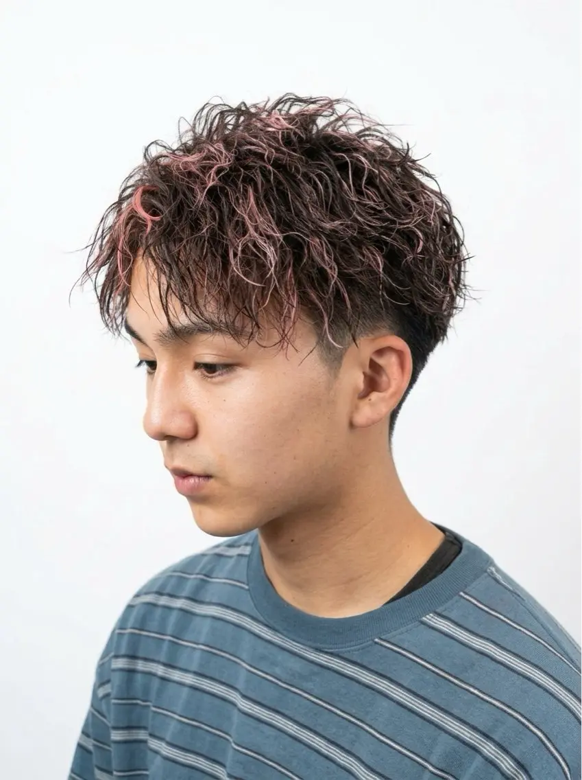 ロング カラー パーマ メンズ メンズメッシュ メンズパーマ メッシュ ピンクカラー カット ヘアカラー パーマ 心斎橋メンズサロン リベルテグリットのヘアスタイル