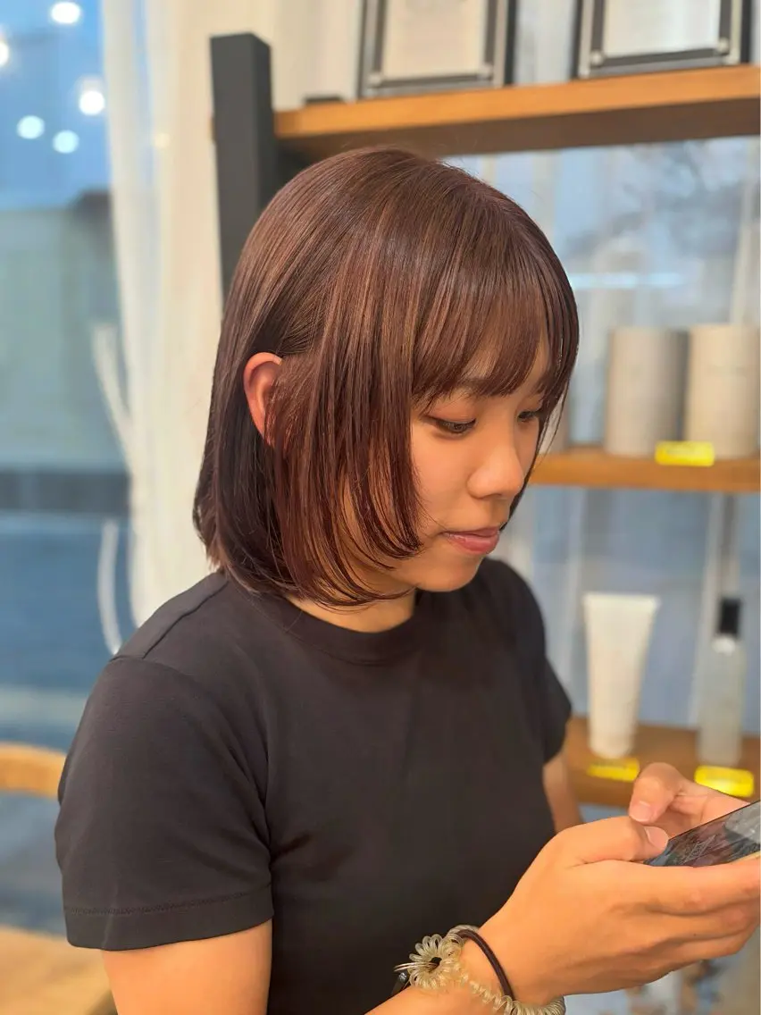 ショート 切りっぱなしボブ ボブ 顔周りカット レイヤーカット カット ヘアカラー NONOKA Zina千早店のヘアスタイル