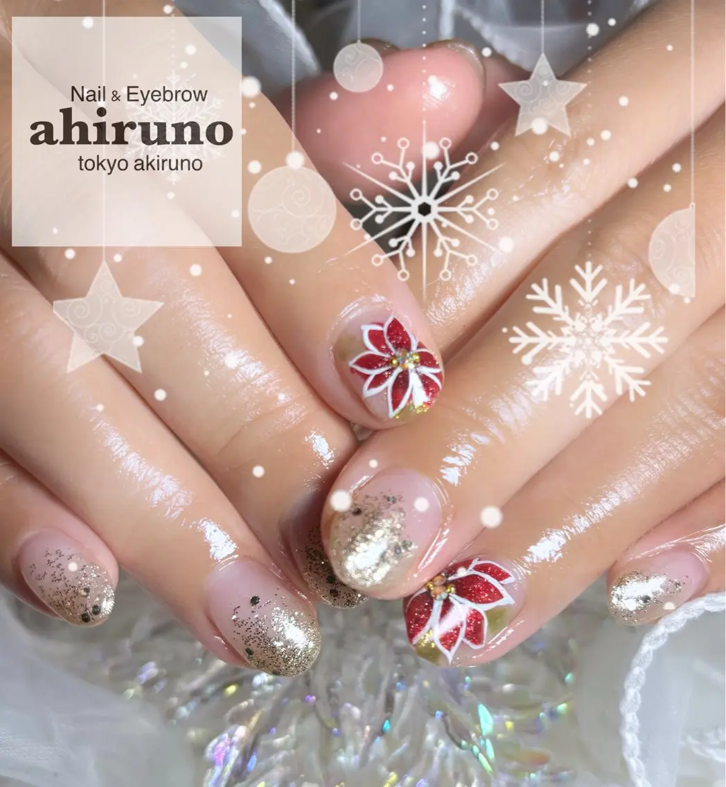ネイル ラメ(グリッター) ラメグラデーション ショートネイル 冬ネイル クリスマス 東京あきる野市ネイル ✿ ｙｕiのネイルデザイン