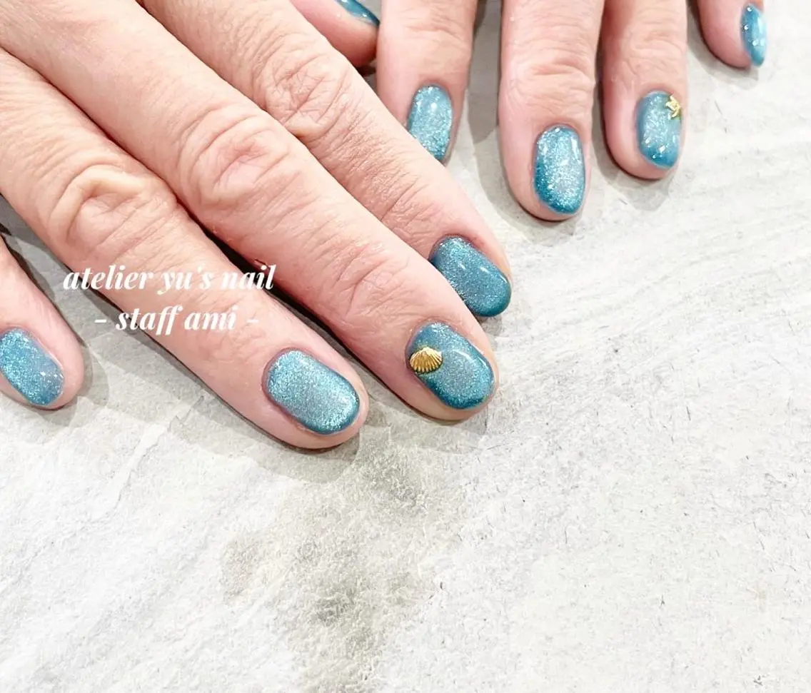 ネイル ブルー 夏ネイル ハンドネイル ハンドケア atelier yu's nailのネイルデザイン