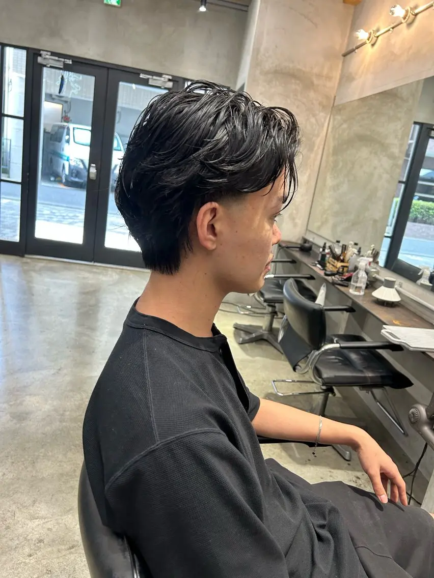 ミディアム パーマ メンズ マレットヘア カット パーマ 【明大前フェード/ メンズパーマ/岳】のヘアスタイル