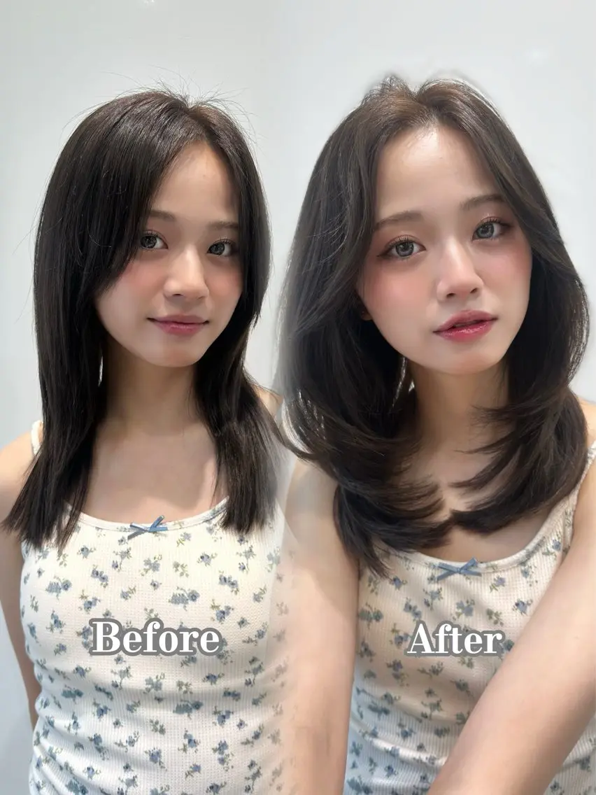 ミディアム カラー 顔周りカット 韓国風ヘア レイヤーカット おくれ毛 小顔カット カット ヘアカラー トリートメント 小顔くびれヘア 顔まわり銀座/さやかのヘアスタイル