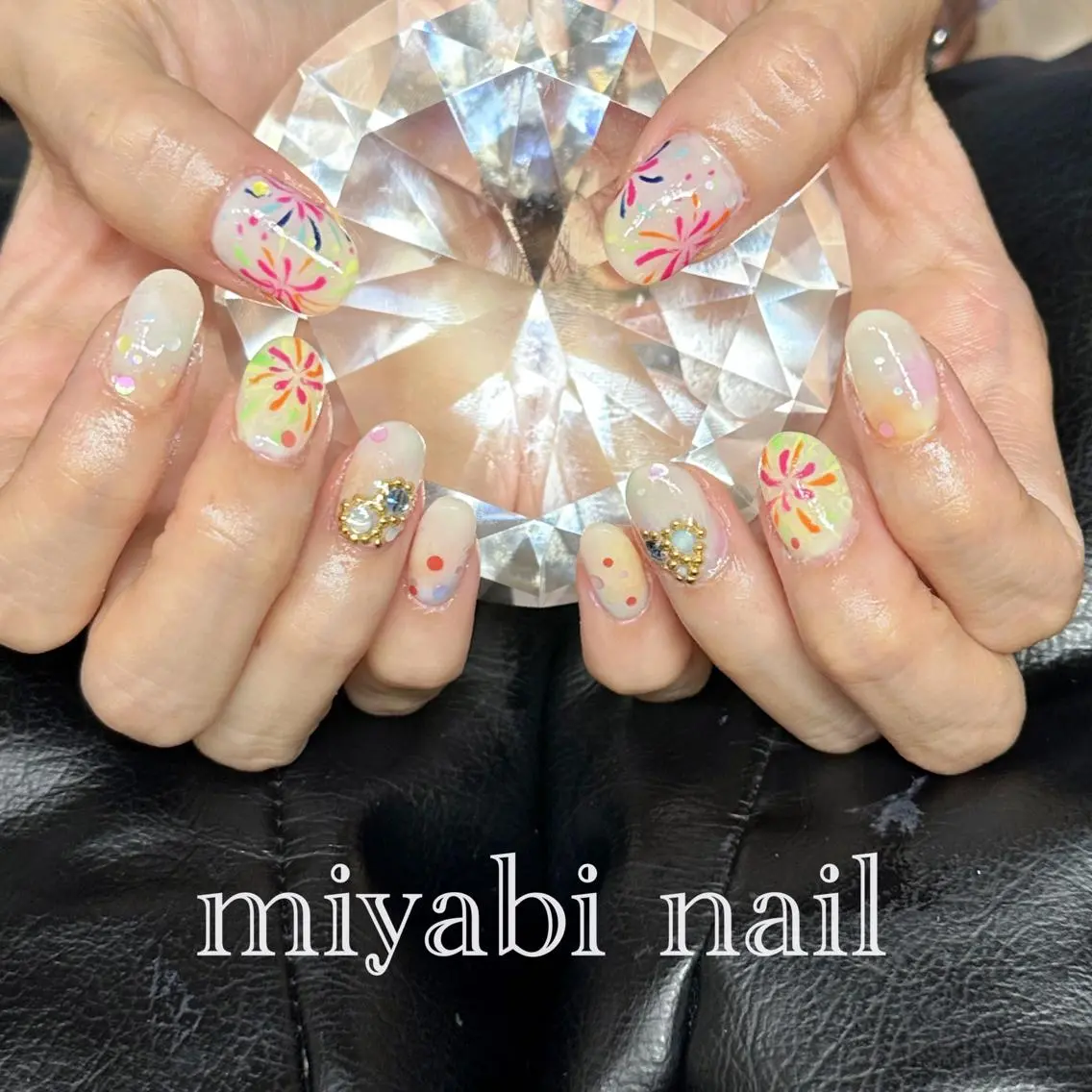 ネイル アートネイル ジェルネイル 持ち込み ストーンネイル 夏ネイル miyabi nail 桂川駅近くのネイルデザイン