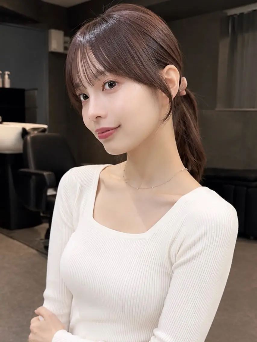 セミロング くびれヘア ハッシュカット 韓国風ヘア レイヤーカット シースルーバング カット ヘアカラー 新宿/韓国レイヤー/ 顔まわり透明感カラーのヘアスタイル