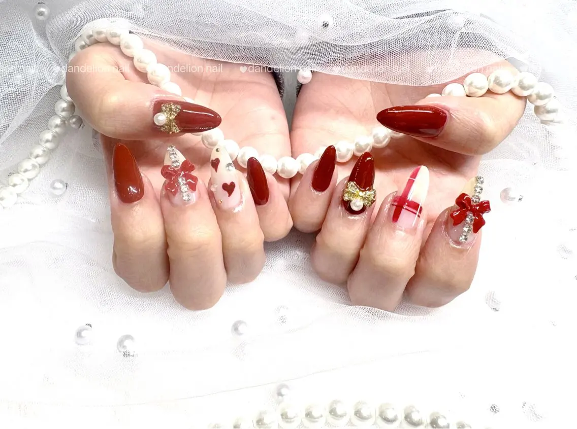 ネイル ジェルネイル ハート 持ち込み パラジェル リボン ハンドネイル dandelion nail北千住のネイルデザイン