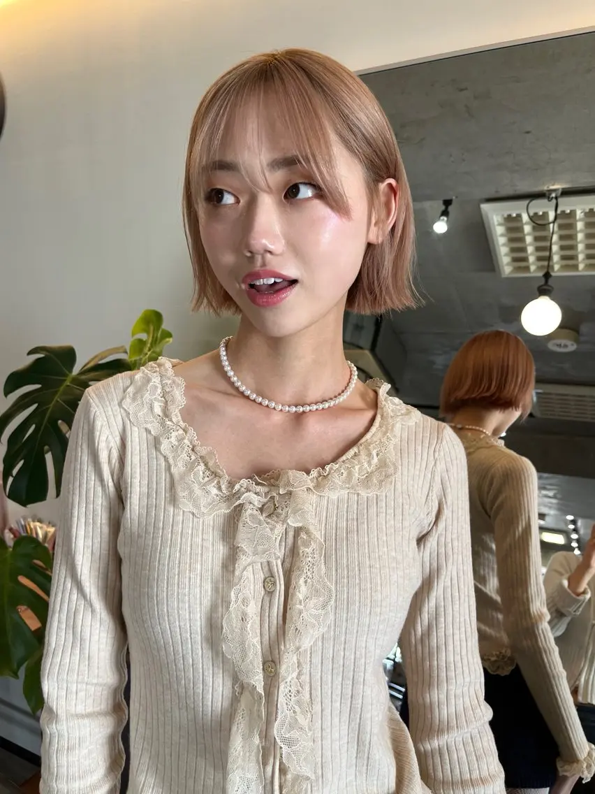 ショート アッシュ オレンジブラウン 顔まわりレイヤー ハッシュカット 髪質改善 カット ヘアカラー レイヤーカット\ウル フ　chinatsuのヘアスタイル