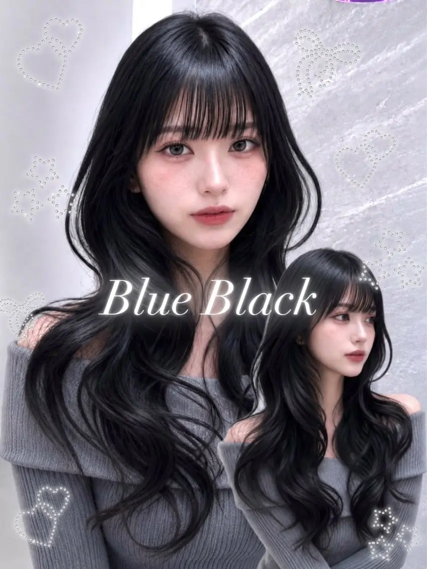 セミロング カラー ヘアアレンジ 黒髪 ブルーカラー ブルーブラック 透明感カラー グレージュ ヘアカラー 🖤kana韓国ヘア 艶髪カラー特化🖤のヘアスタイル