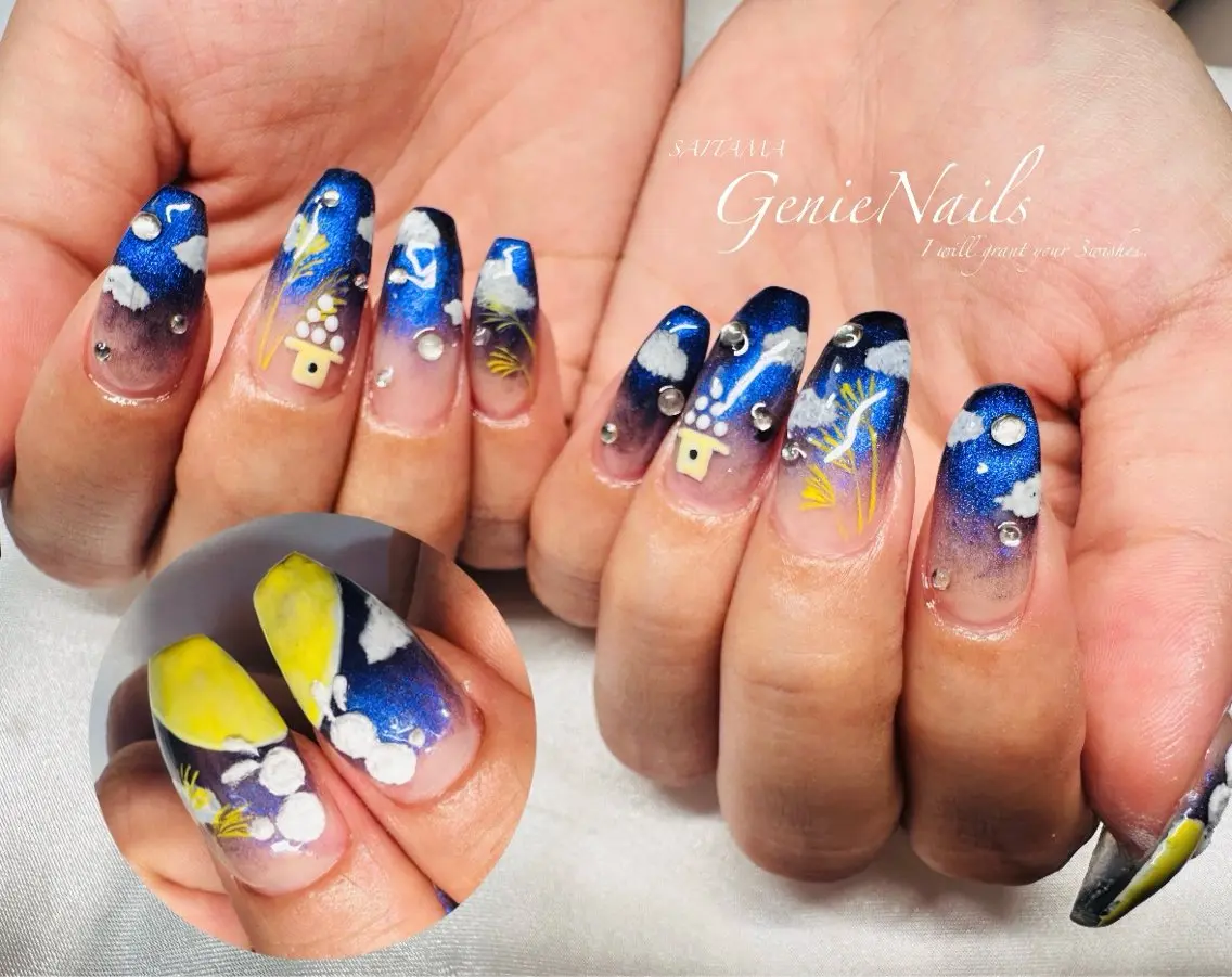 メンズ ネイル アートネイル 長さ出し 氷ネイル・うるうるネイル ロングネイル 持ち込み Genie Nailsのネイルデザイン
