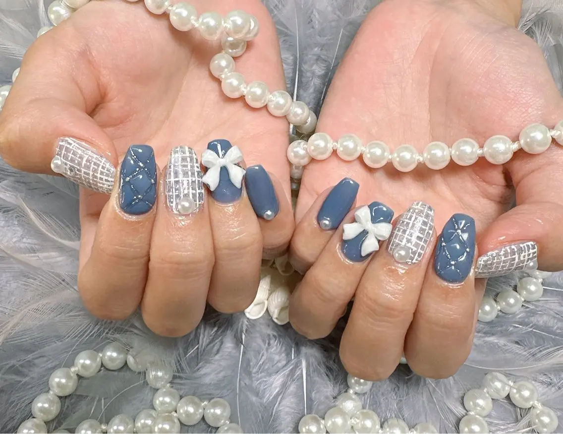 ネイル リボン ツイードネイル 冬ネイル ハンドネイル Pretty Nail Salonのネイルデザイン